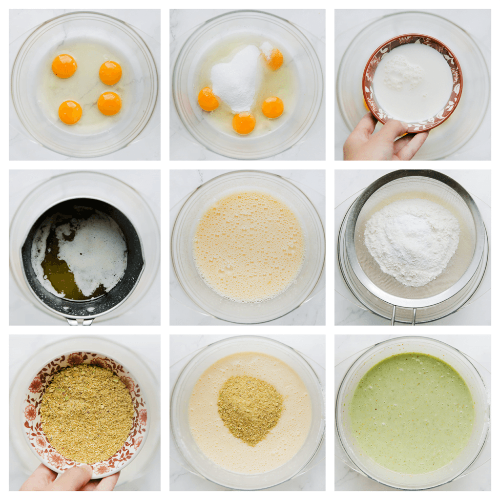 Breek de eieren boven een kom. Voeg de suiker en het zout toe. Mix 2 minuten. Voeg de gesmolten roomboter, zonnebloemolie, melk en fijngemalen pistache toe. Mix goed. Zeef de bloem en het bakpoeder boven de kom. Mix tot een gladde massa.