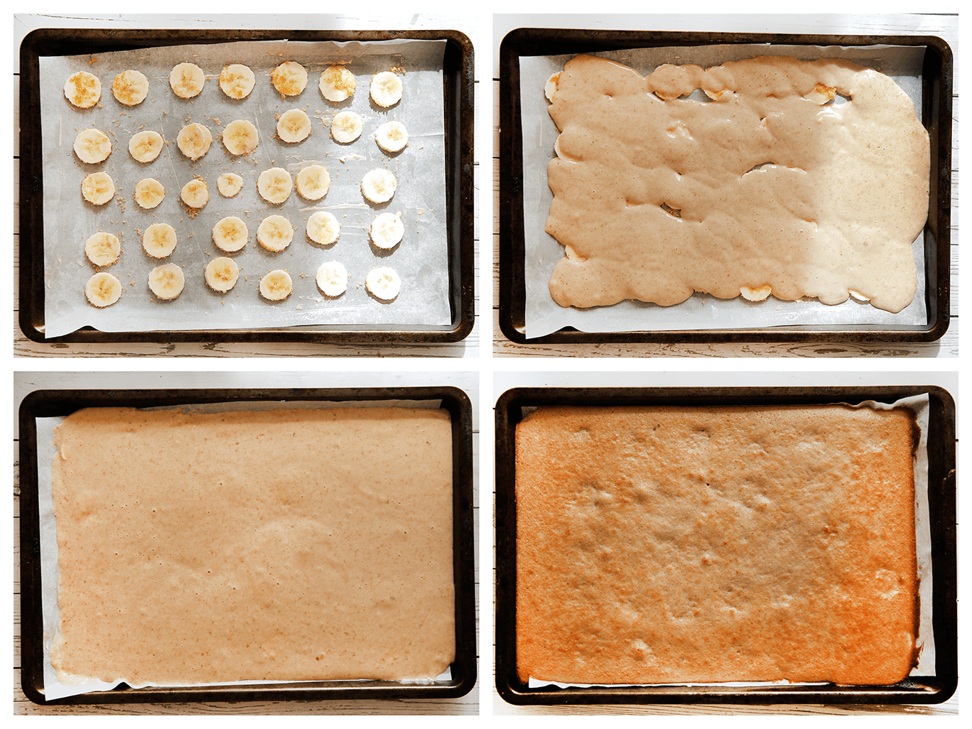 Cakebeslag verdelen over de banaanplakjes en bakken in de oven