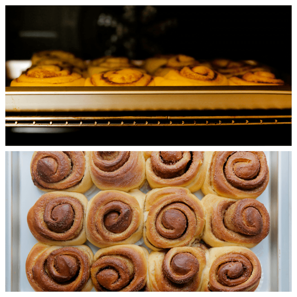 Zet de kaneelrollen in een voorverwarmde oven op 200 ℃. Bak 12-15 minuten of tot ze goudbruin zijn gekleurd. Dek de kaneelrollen direct af met een theedoek zodra ze uit de oven komen. Laat rustig op temperatuur komen, want zo worden ze heerlijk zacht.