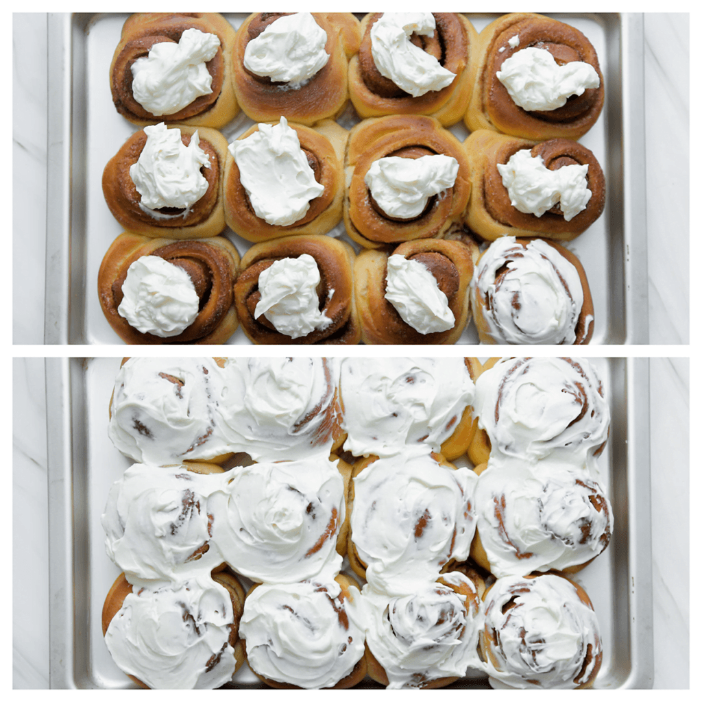 Smeer de cinnamon rolls in met het roomkaasmengsel. 