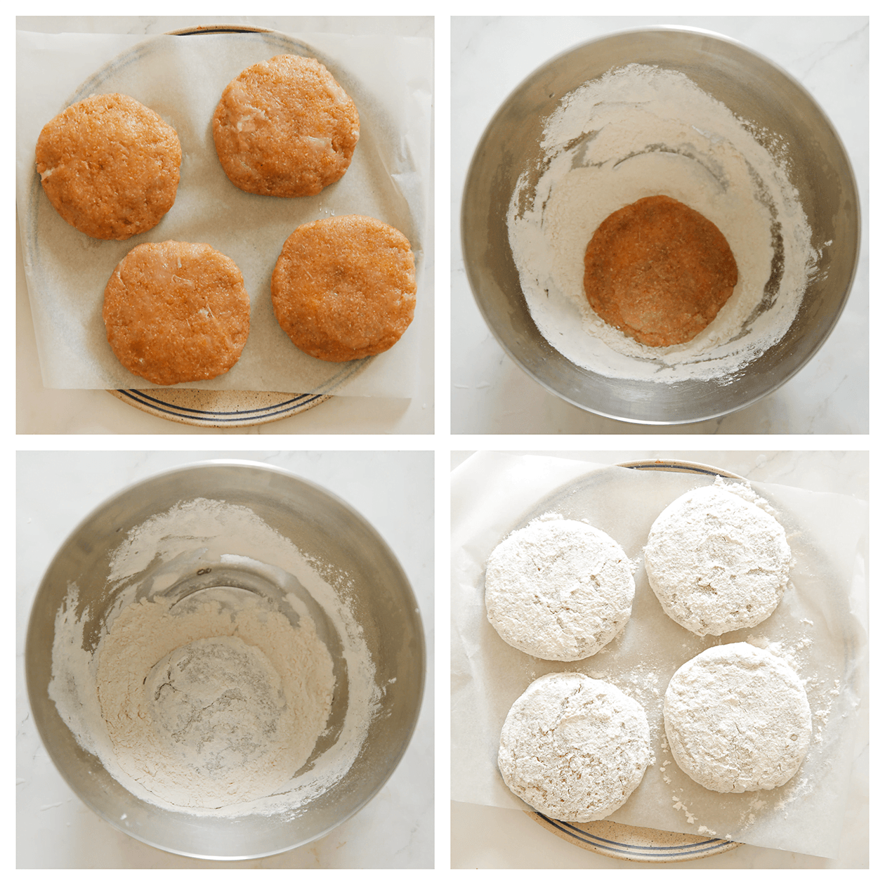 De kipburgers met kaasvulling door het bloemmengsel halen