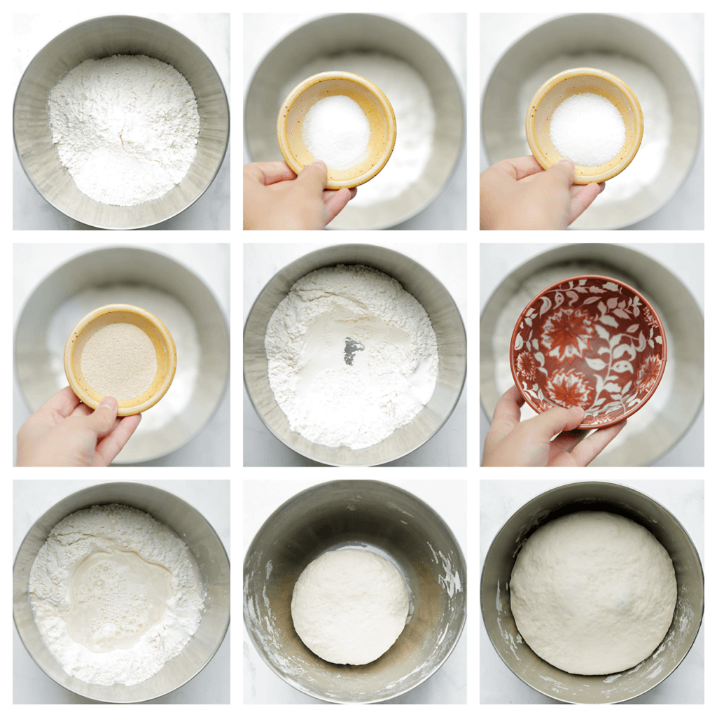 Doe de bloem, het zout, de suiker en gist in een diepe kom. Maak in het midden een kuil. Voeg het lauwwarme water toe en meng tot een geheel. Kneed 10-12 minuten. Dek het deeg af en laat 1 uur rijzen op een warme plek in huis.