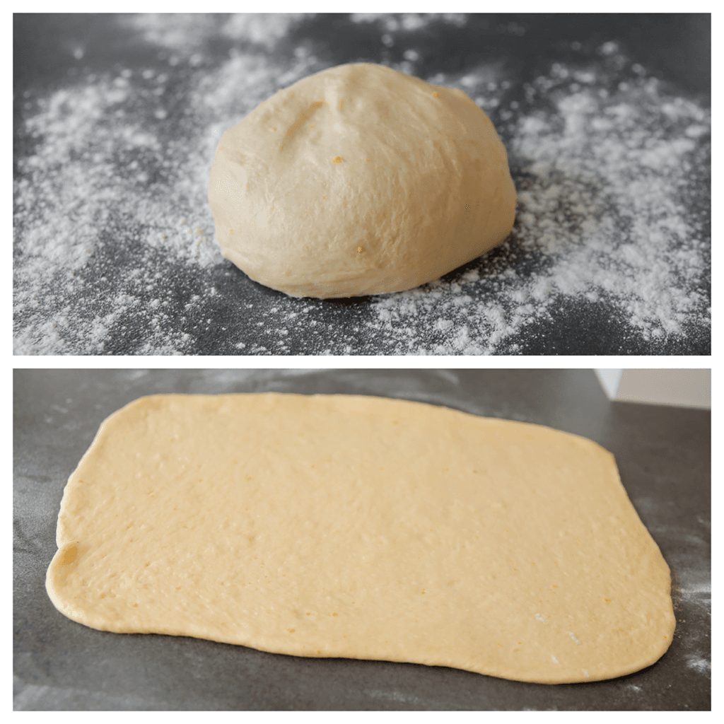 Stort het neutrale deeg op een bloem bestoven werkplek. Rol uit tot een vierkante lap van 35x40 cm met een dikte van ongeveer 1 cm.