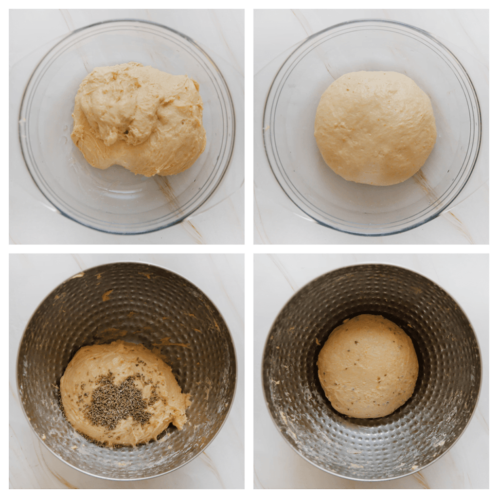 Verdeel het deeg in twee gelijke stukken en doe beide in een aparte kom. Voeg aan het ene deeg anijszaad toe en kneed tot een geheel. Het andere deeg laat je neutraal. Dek het deeg af en laat op een warme plek 1 uur rijzen of tot het in omvang is verdubbeld.