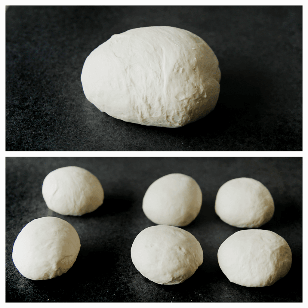 Verdeel het deeg in 6 gelijke stukken (110 g per stuk) en vorm er bollen van.