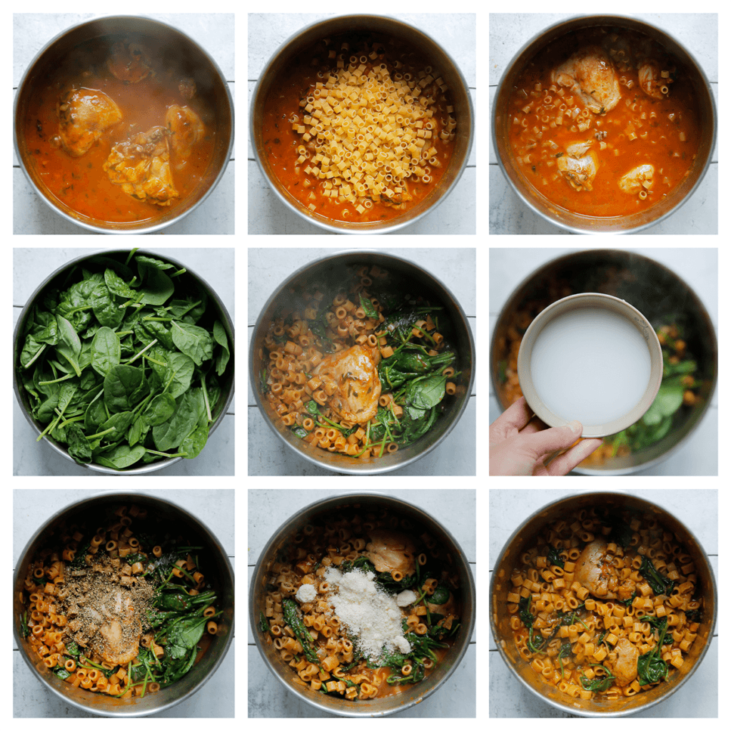 Voeg de ditalini, spinazie en basilicum toe. Kook 15 minuten. Voeg het maïzenamengsel toe. Kook tot de saus goed is ingedikt. Zet het vuur uit. Voeg de Italiaanse kruiden en Parmezaanse kaas toe. Meng goed. Laat 15 minuten staan zodat alle smaken goed intrekken.