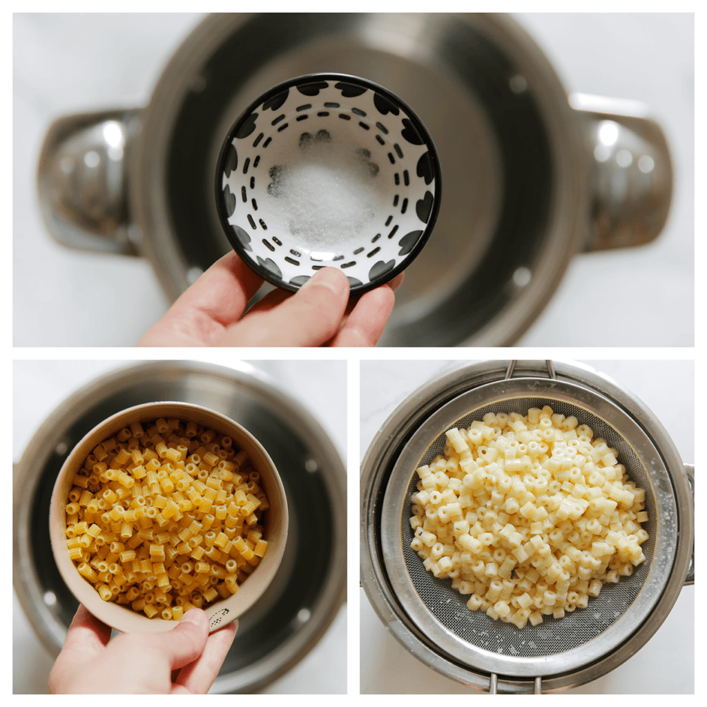 Breng het water aan de kook (pan halfvol). Wanneer het water borrelt, voeg je het zout toe en eventueel een scheutje olie. Roer goed. Voeg de ditalini toe. Kook de pasta in 10-15 gaar. Laat het water uitlekken. 