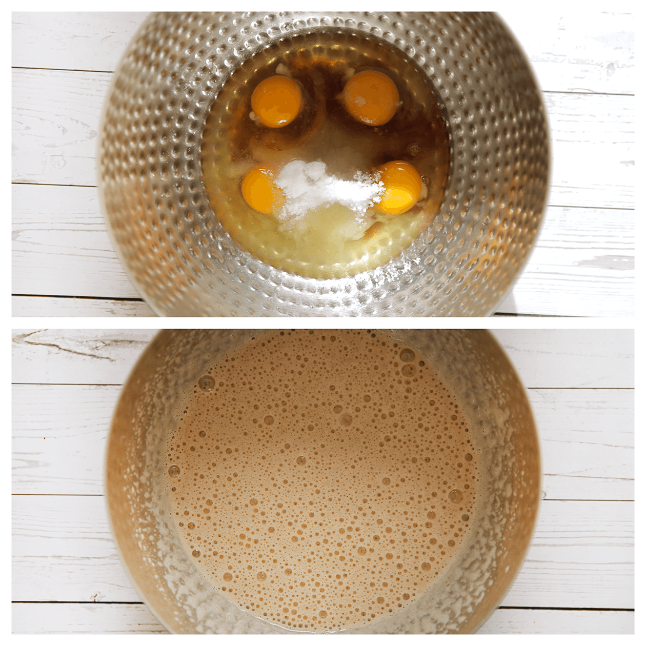 Eieren mixen met de suikers tot een geheel in een diepe kom