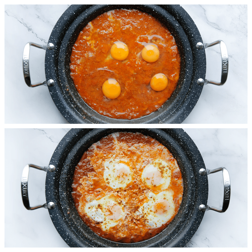 Breek de eieren boven de tajine. Kook tot de eieren gaar zijn.