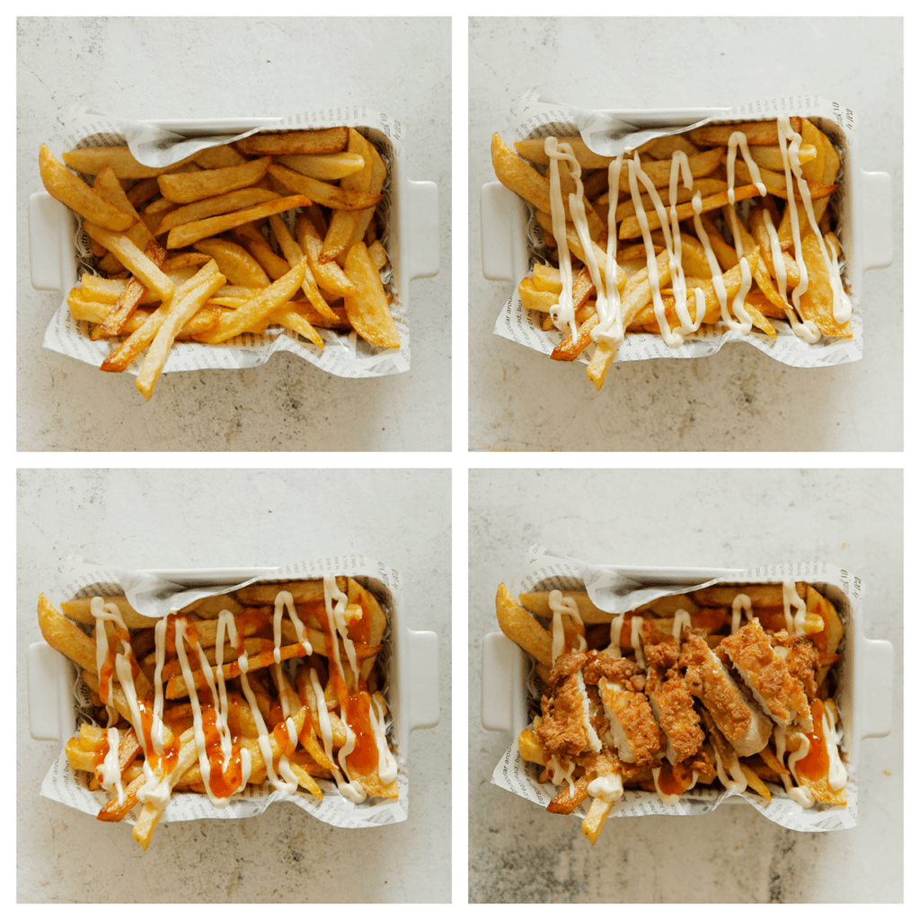 Verdeel de friet over een schaal. Voeg saus toe naar wens en leg de krokante kipfilet erop. Indien gewenst: garneer met rode ui, augurk, jalapenos, sla, avocadosaus en peterselie.