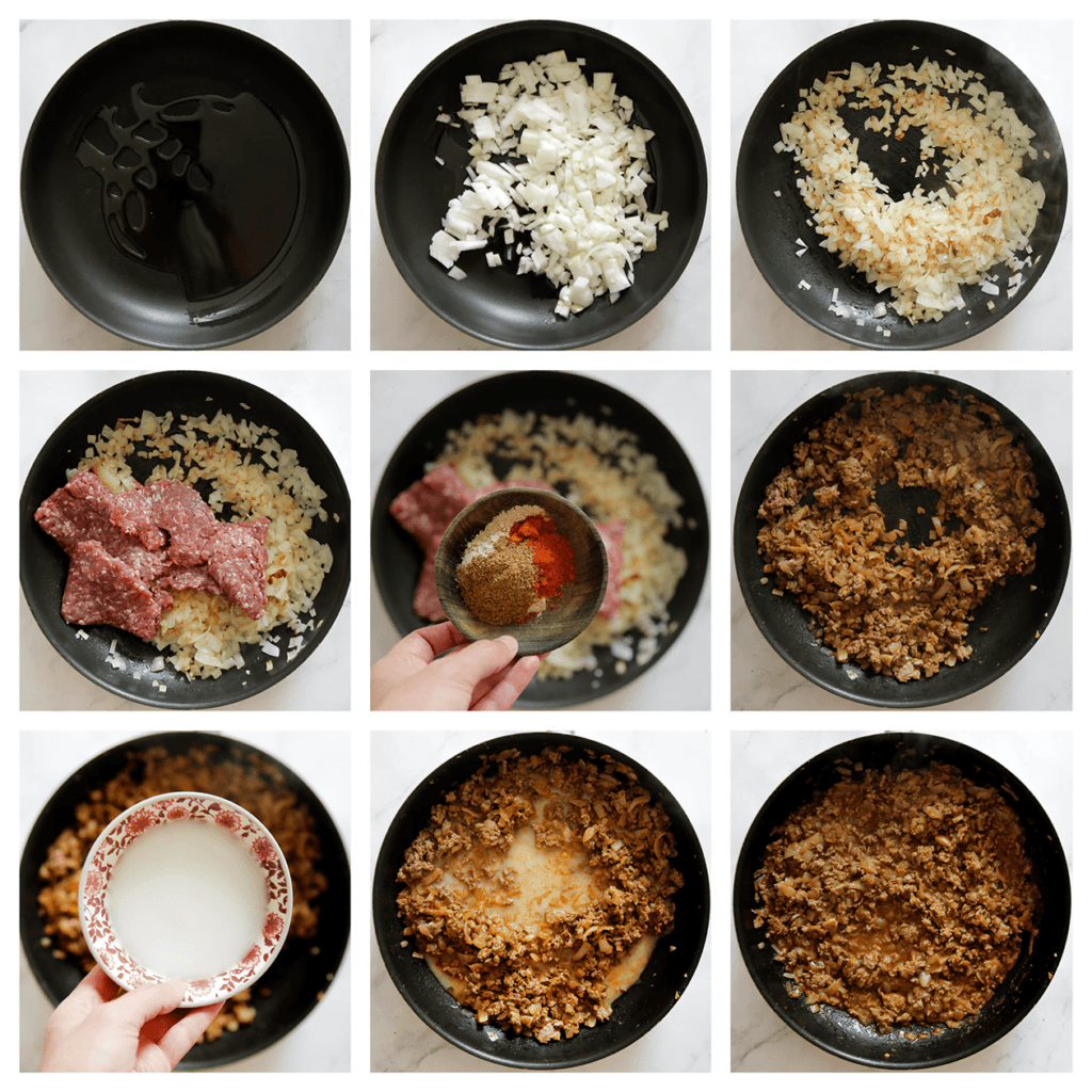 Verhit de olijfolie in een koekenpan op middelhoog vuur. Voeg de gele ui toe en bak in ca. 4 minuten goudbruin. Voeg het gehakt, zout, de cayennepeper, komijnpoeder, paprikapoeder, knoflookpoeder en kaneelpoeder toe. Bak 7 minuten. Voeg het maïzenamengsel toe, blijf erbij staan om te roeren. Wanneer de saus goed is ingetrokken, is het klaar.