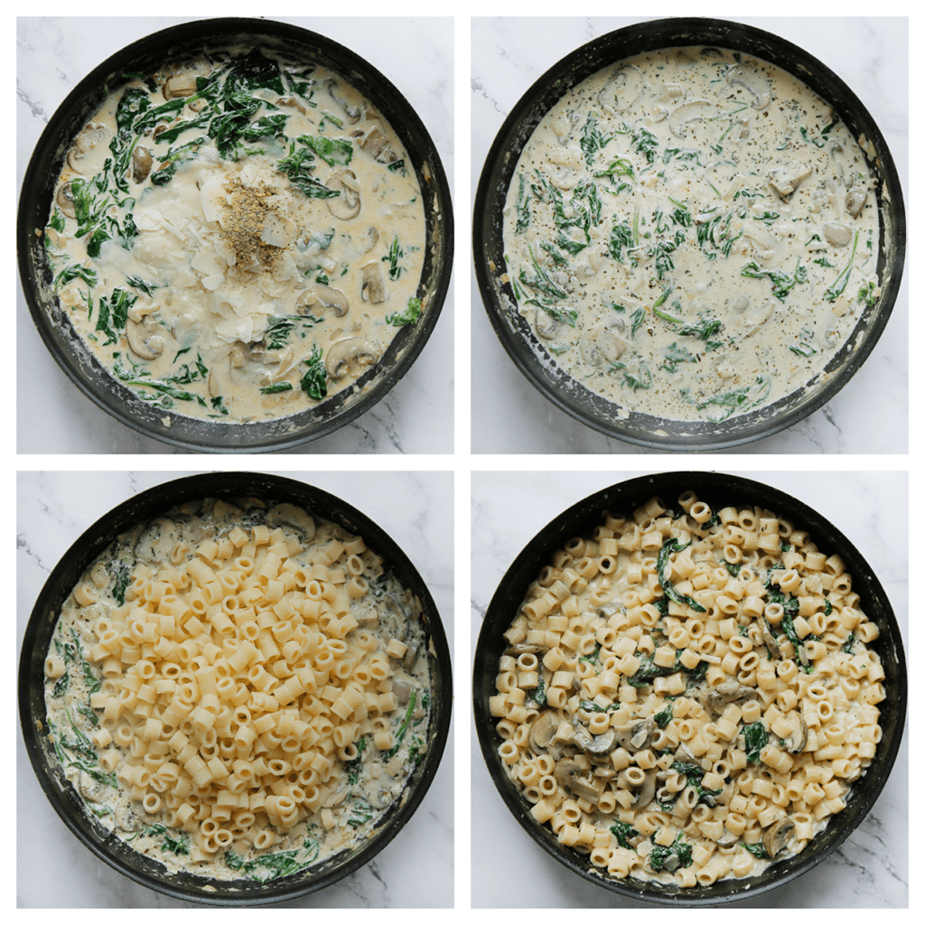 Voeg de Grano Pandano en Italiaanse kruiden toe. Kook 1 minuut mee. Voeg de pasta toe en meng goed.