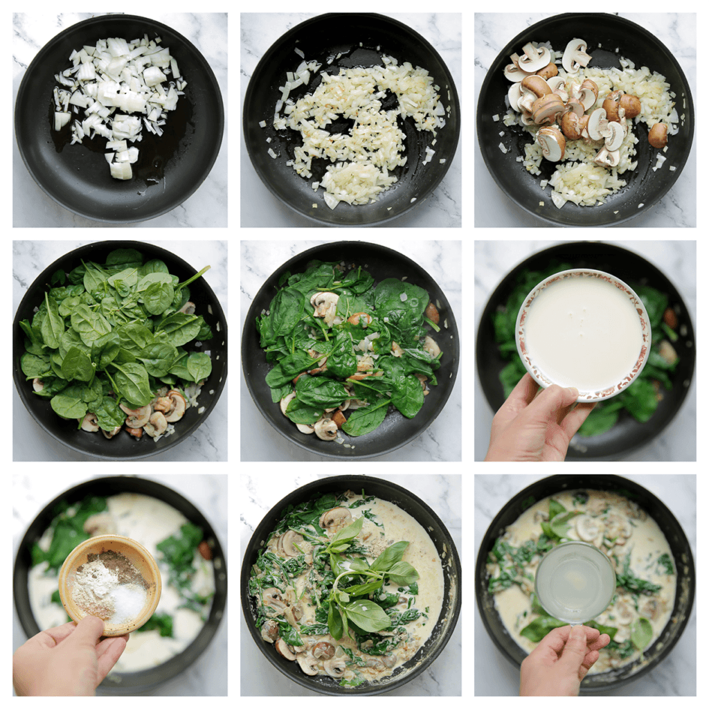 Verhit de olijfolie in een koekenpan op middelhoog vuur. Voeg de gele ui toe en bak 3-4 minuten. Voeg de kastanjechampignons toe en spinazie toe. Bak 2 minuten. Voeg de ongeklopte slagroom, knoflookpoeder, uienpoeder, de zwarte peper, het zout en pastawater toe. Kook tot een geheel. Voeg de basilicum toe. Meng goed.