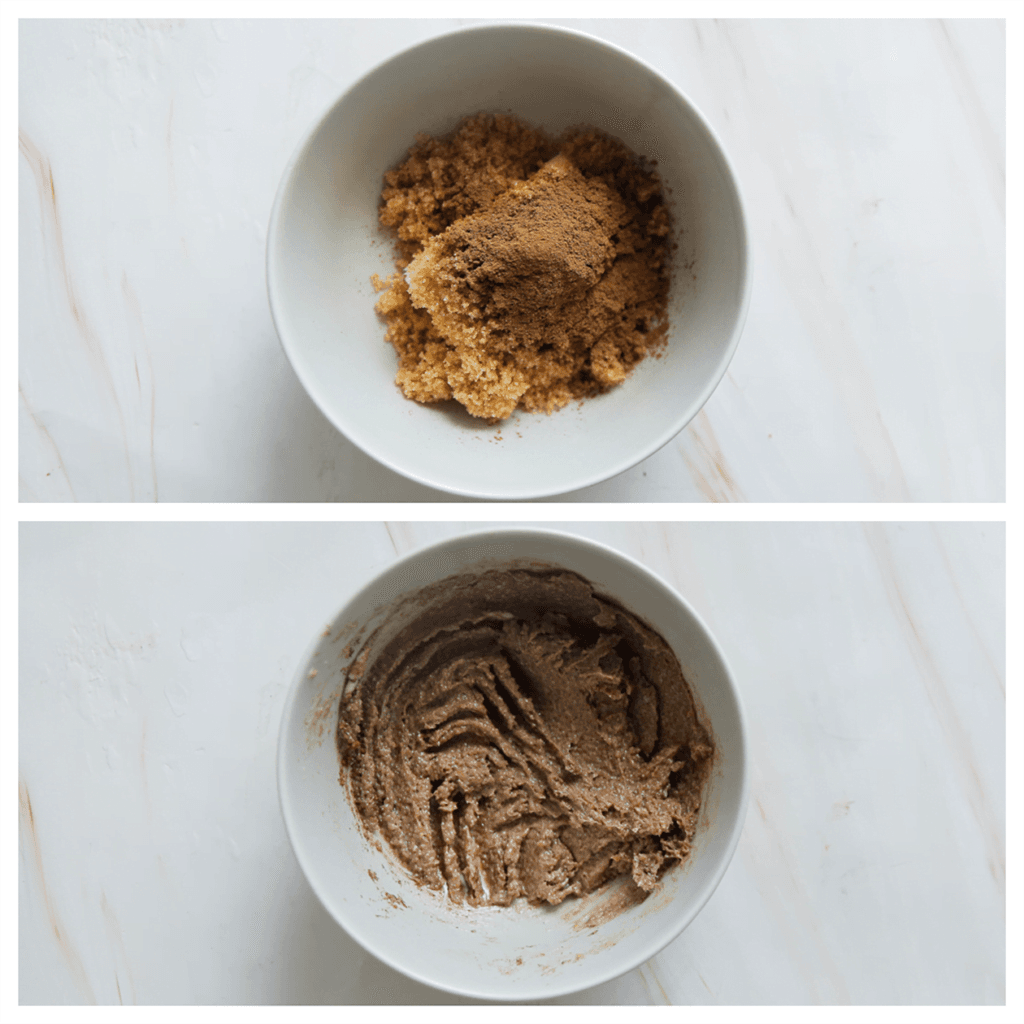 Doe de roomboter, bruine basterdsuiker en kaneelpoeder in een kom. Meng goed en leg het kaneelmengsel apart.