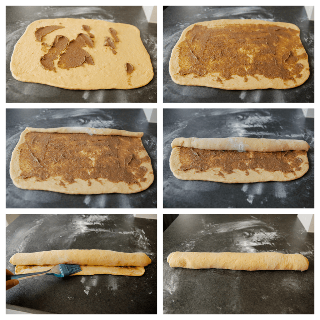 Smeer het kaneelmengsel goed uit over het deeg en laat de randen leeg. Rol het deeg naar binnen tot de rand. Neem een kwast en smeer het uiteinde in met melk. Rol dicht.