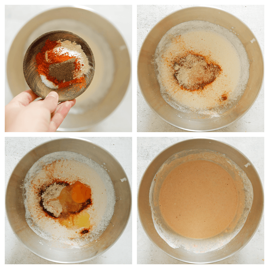 Doe de karnemelk samen met het zout, de kipkruiden, knoflookpoeder, uienpoeder, zwarte peper, cayennepeper en het ei in een diepe kom. Meng goed tot een gladde massa.