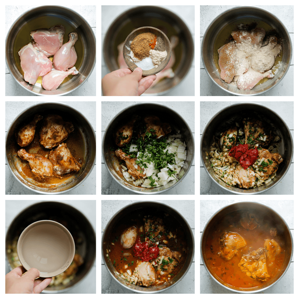 Verhit de olijfolie in een koekenpan op middelhoog vuur. Voeg de stukken kip, het zout, knoflookpoeder, komijnpoeder, zwarte peper, cayennepeper en uienpoeder toe. Bak 2 minuten. Voeg de gele ui en peterselie toe. Bak 3 minuten. Voeg het water (900 ml) en de tomatenpuree toe. Breng aan de kook. Zet het vuur vervolgens laag en kook, afgedekt, 20 minuten.