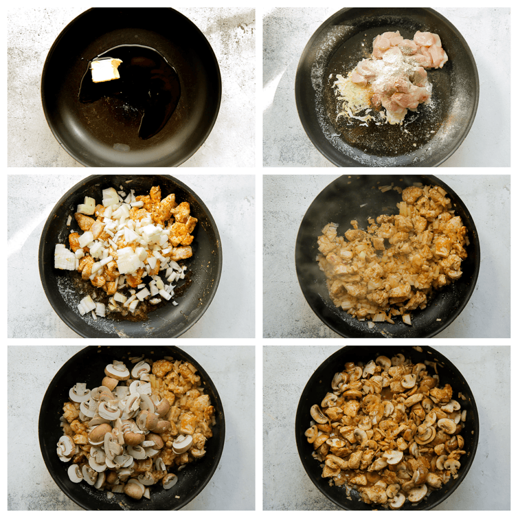 Verhit de olijfolie samen met de roomboter in een koekenpan op middelhoog vuur. Voeg de kippendijen, knoflookpoeder, cayennepeper, uienpoeder en zwarte peper toe. Bak 2 minuten. Voeg de gele ui toe en bak 2 minuten. Voeg de champignons en bak deze in ca. 3 minuten zacht. 