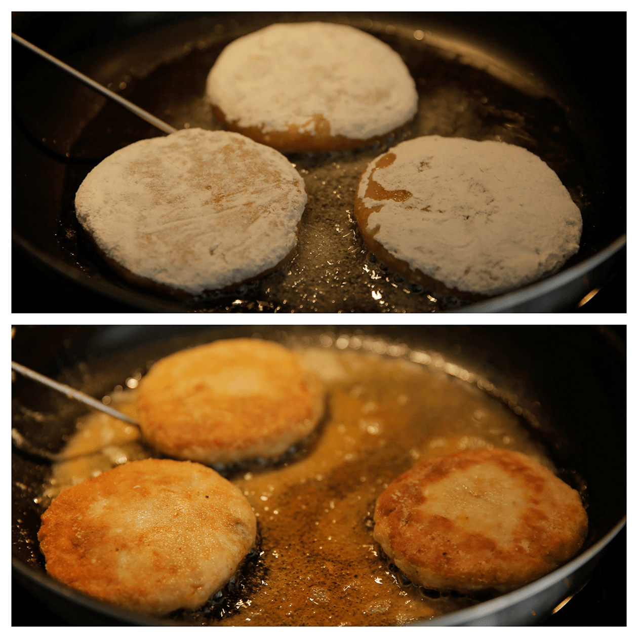 Kipburgers met kaasvulling gaar bakken in een koekenpan