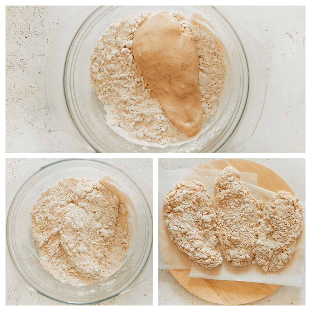 Haal de kipfilet door het bloemmengsel tot alles bedekt is. Voor een extra krokant laagje, kun je deze nogmaals door het bloemmengsel halen. Leg op een vel bakpapier.