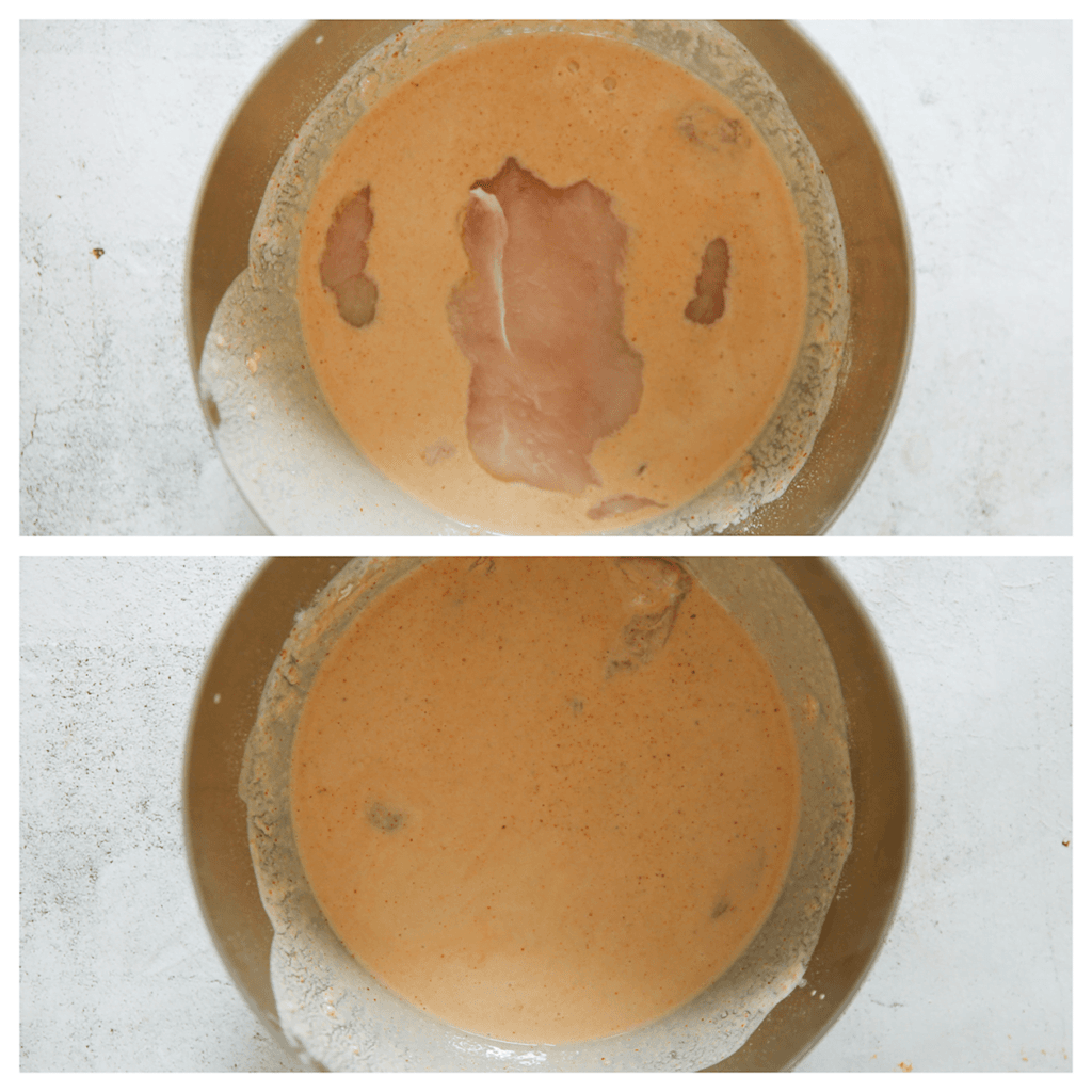 Haal de kipfilet goed door het karnemelkmengsel. Bewaar, afgedekt, 30 minuten in de koelkast. Mag ook langer zodat de smaken goed in zullen trekken. Schep 40 ml van het karnemelkmengsel uit de kom en leg apart.