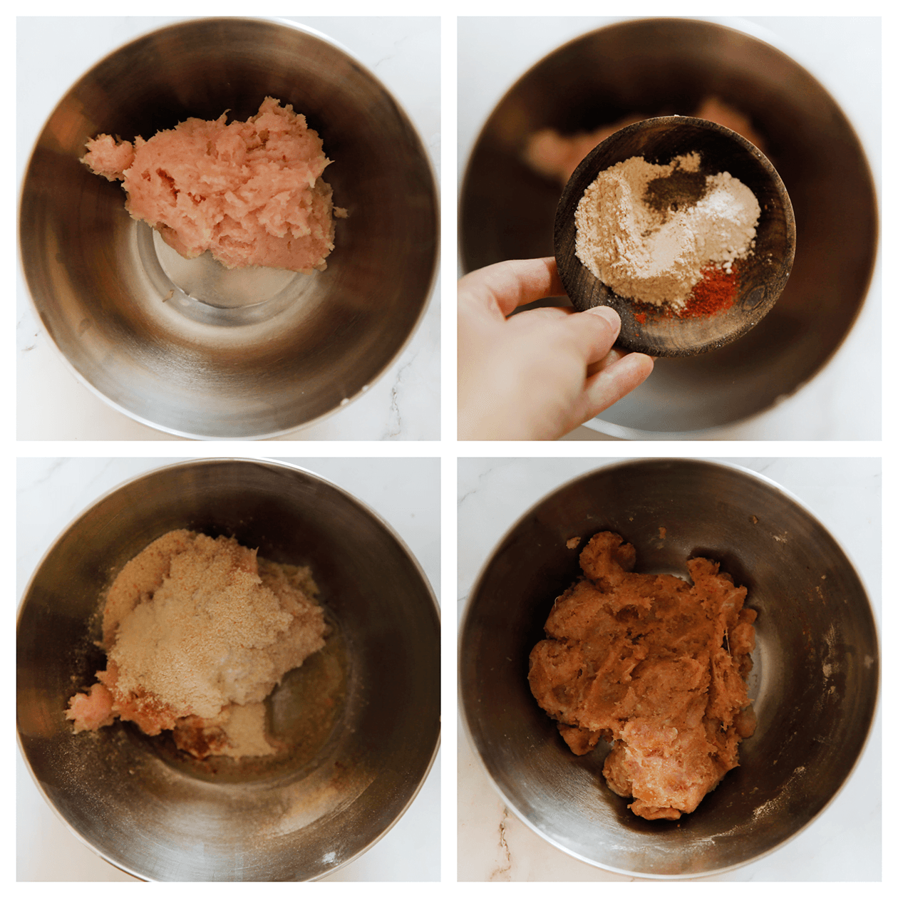 Kipgehakt mengen met verse kruiden en broodkruimels tot een geheel