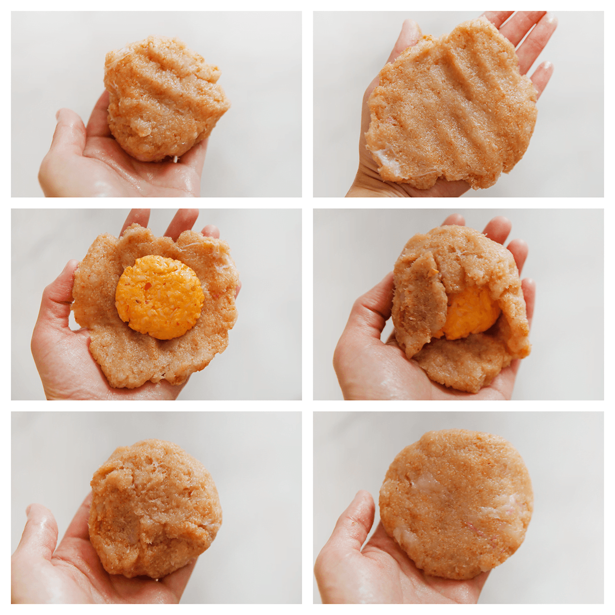 Kipgehakt vullen met het kaasmengsel en goed dicht vouwen tot een platte burger