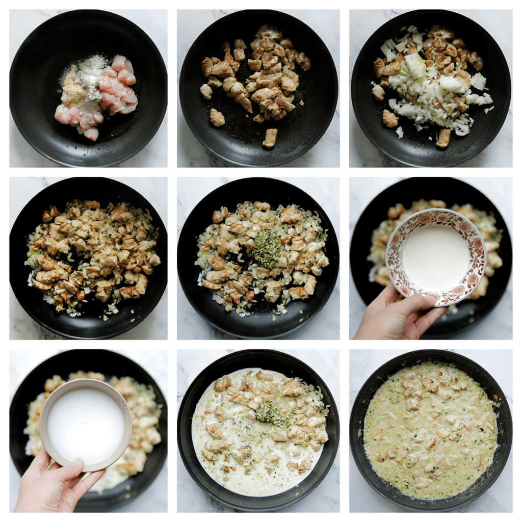 Verhit de olijfolie op middelhoog vuur. Voeg de kippendijen, het zout, knoflookpoeder, uienpoeder, komijnpoeder en zwarte peper toe. Bak 3 minuten. Voeg de gele ui toe en bak 3 minuten. Voeg het maïzenamengsel, de ongeklopte slagroom en groene pesto toe. Kook tot de saus is ingekookt.