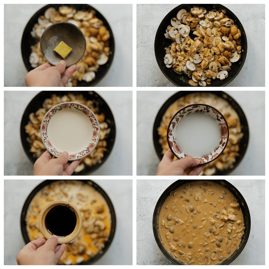 Verkruimel het kippenbouillonblokje boven de koekenpan. Voeg het maïzenamengsel, ongeklopte slagroom en ketjap manis toe. Kook tot de saus goed is ingekookt.