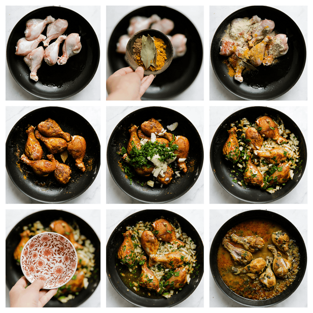 Verhit de olijfolie in een koekenpan op middelhoog vuur. Voeg de kippenpoten, currypoeder, knoflookpoeder, cayennepeper, komijnpoeder, zwarte peper, laurierblaadjes, kaneelpoeder, het zout en korianderpoeder toe. Bak een paar minuten. Voeg de gele ui, peterselie en het water (250 ml) toe. Kook op hoog vuur. Als het goed kookt, zet je het vuur laag. Kook, afgedekt, 15 minuten.