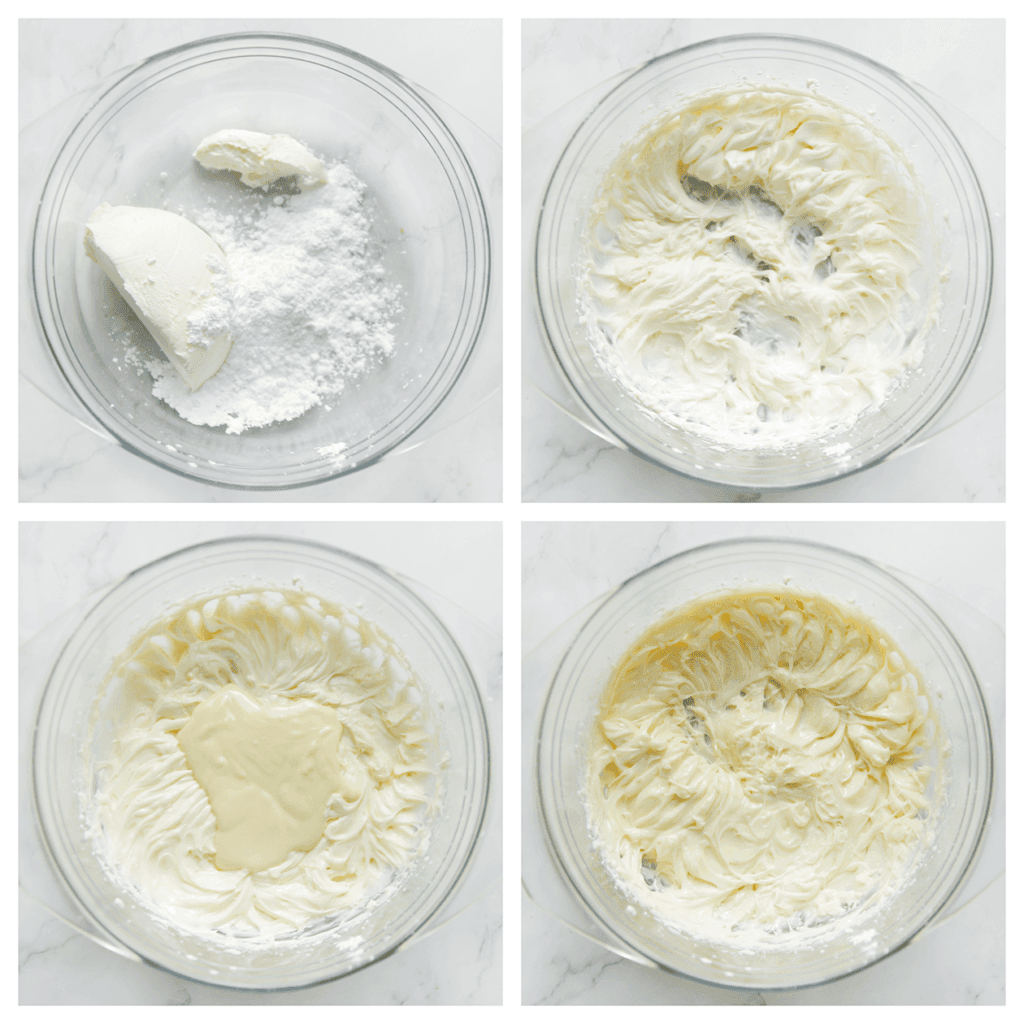 Doe de mascarpone en poedersuiker in een diepe kom. Mix 2 minuten. Voeg de gesmolten witte chocolade beetje bij beetje toe. Mix 1 minuut. 