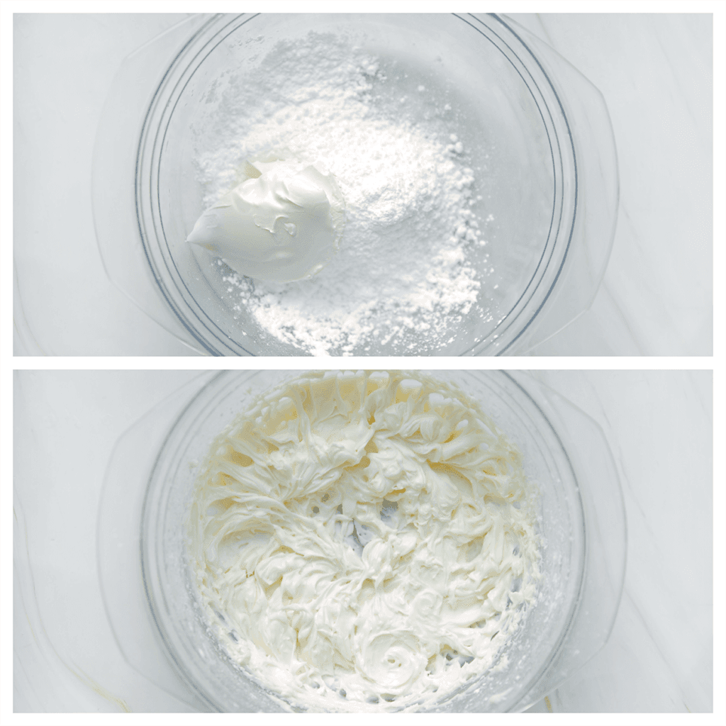 Doe de mascarpone samen met de poedersuiker in een diepe kom. Mix tot een gladde massa.