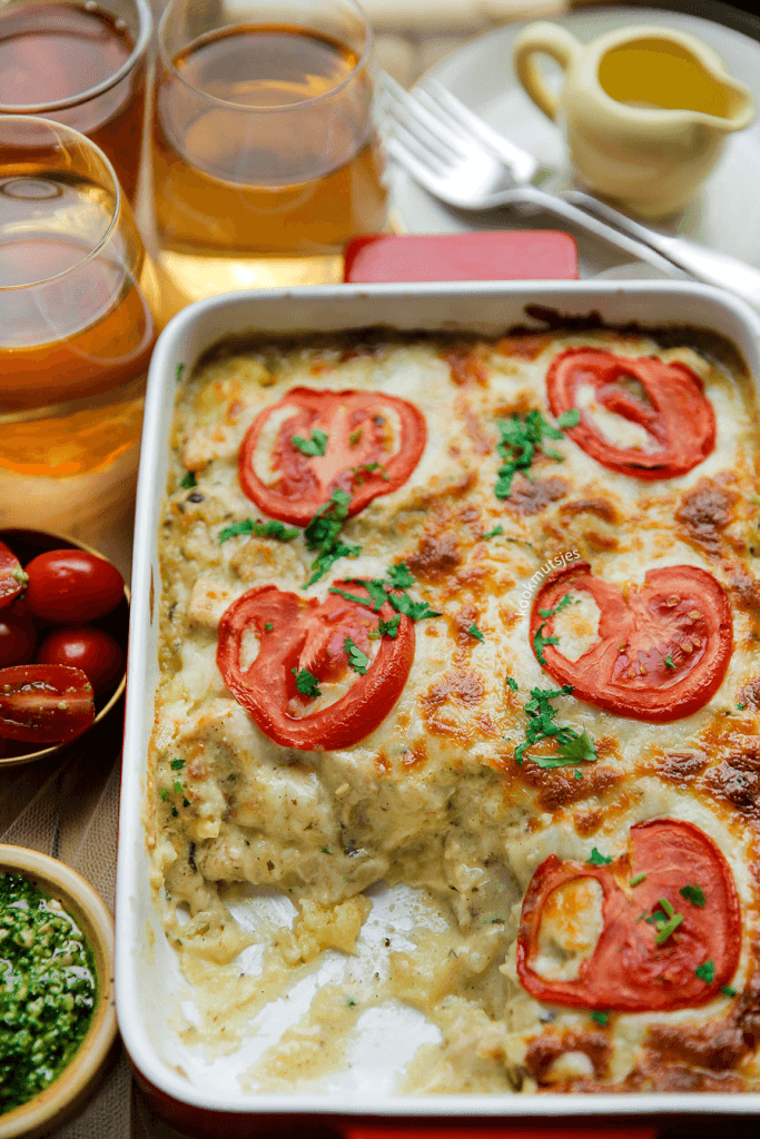 Pesto aardappelschotel met kip eindresultaat