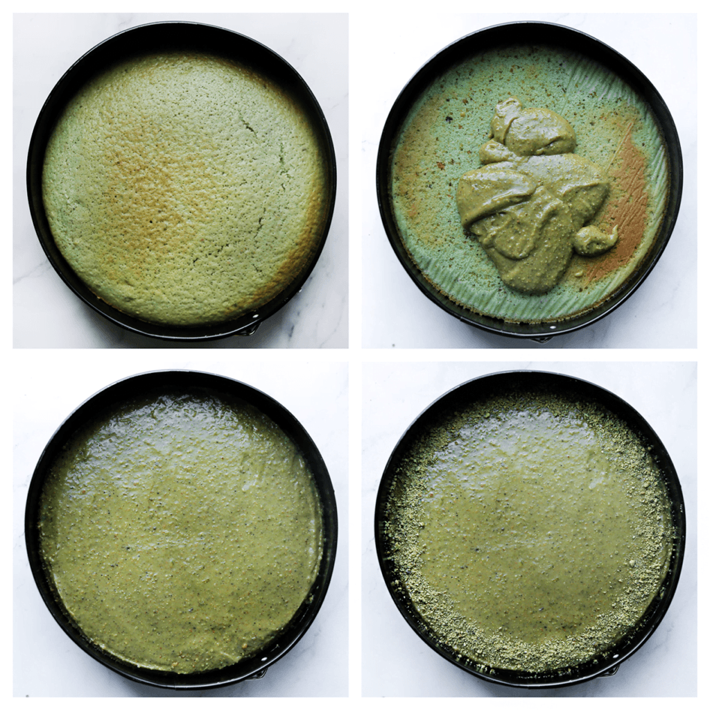 Verdeel de pistachepasta over de cake en laat 1 uur staan om stevig te worden.