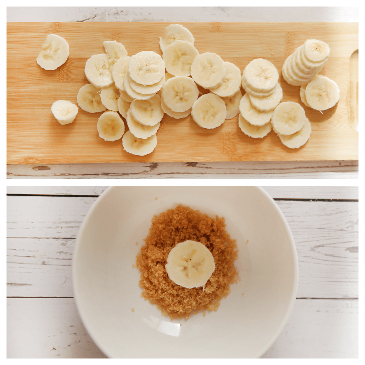 Plakjes banaan door de bruine basterdsuiker halen