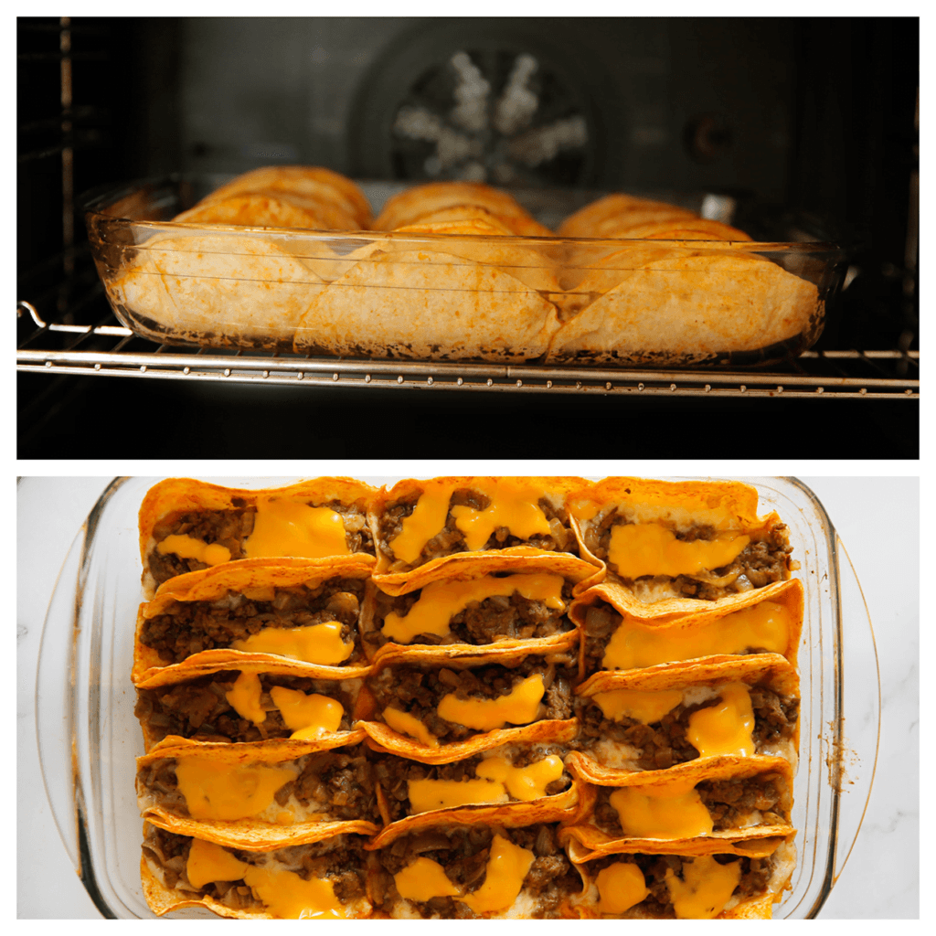 Zet de taco’s met gehakt in een voorverwarmde oven op 200 ℃. Bak 10-12 minuten of tot de wraps lekker krokant zijn.