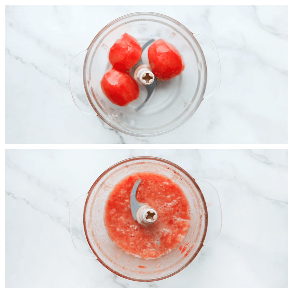 De andere tomaten doe je in een hakmolen. Maal fijn.