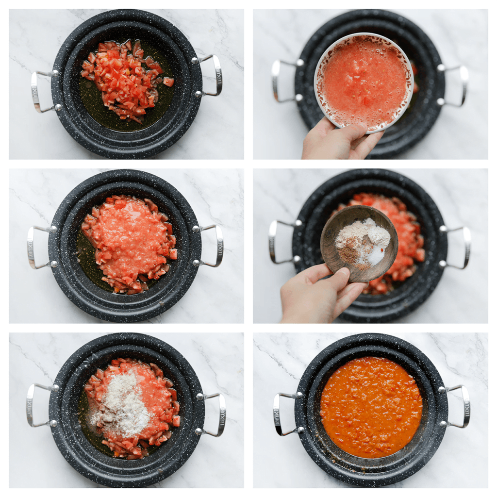 Verhit de olijfolie in een tajine op middelhoog vuur. Voeg de tomaten, het zout, komijnpoeder, knoflookpoeder, uienpoeder, de cayennepeper en zwarte peper toe. Zet het hoog vuur. Als het goed kookt, zet je het vuur laag. Kook, afgedekt, 15 minuten.