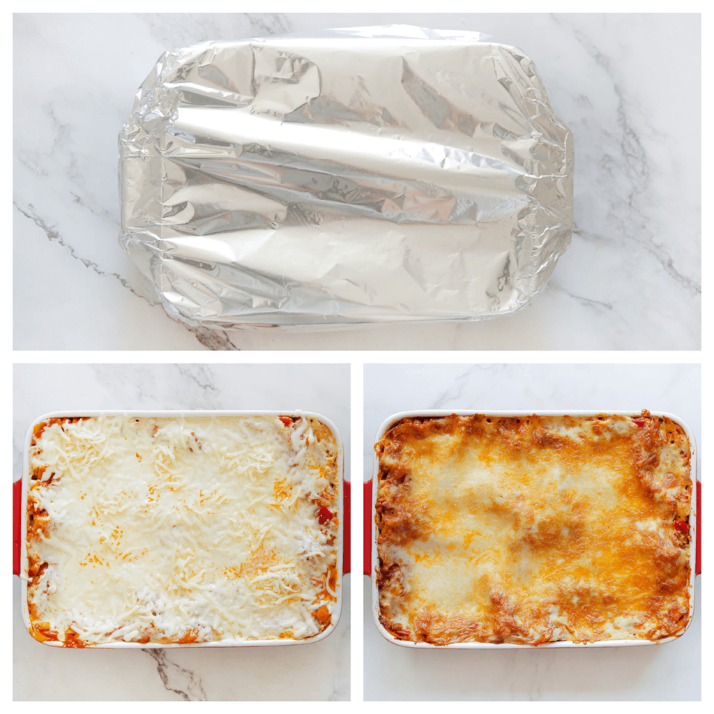 Doe er bakpapier op met daaromheen aluminiumfolie. Leg de tonijn lasagne in een voorverwarmde oven op 200 ℃. Bak 28-35 minuten.