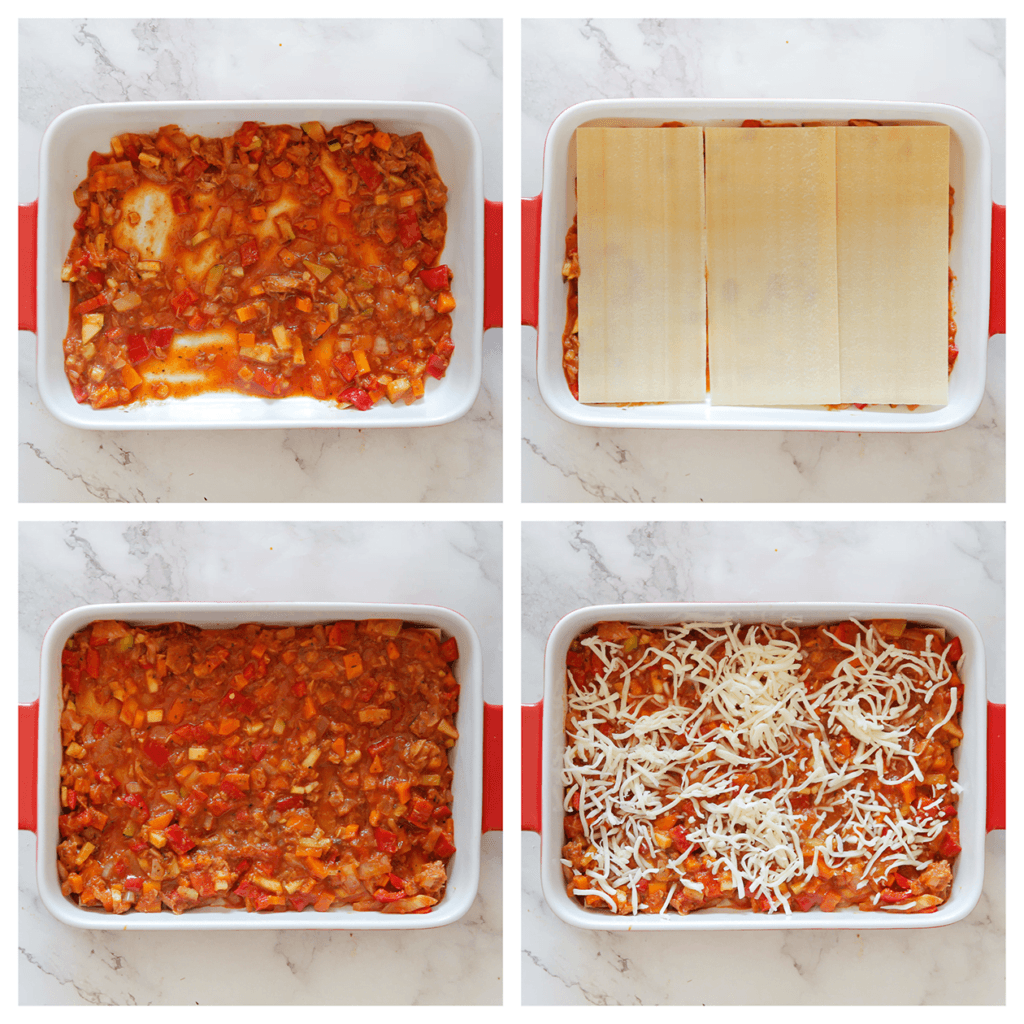 Verdeel wat van het tonijnmengsel over een ovenschaal en leg er een laagje lasagnebladen op. Verdeel er weer een laagje tonijnmengsel over en strooi er kaas op (de kaas kan je ook weglaten als je hier niet van houdt). 