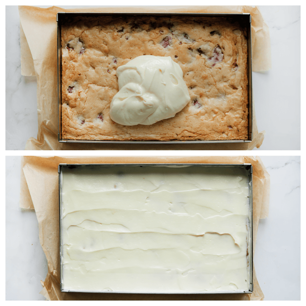 Smeer de topping gelijkmatig uit over de afgekoelde frambozenblondies.