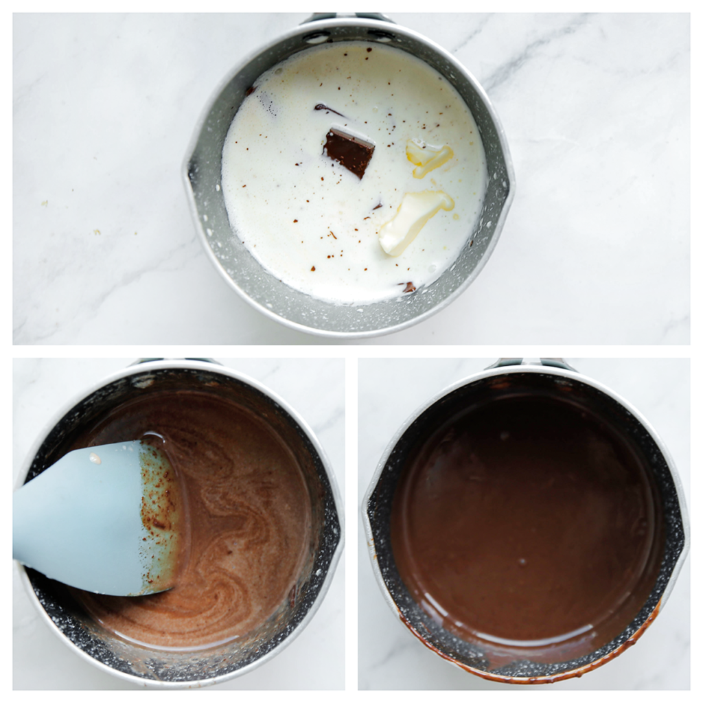 Breng de ongeklopte slagroom in een steelpan tot tegen de kook aan. Haal de steelpan van het vuur. Voeg de pure chocolade en roomboter toe. Laat 1 minuut staan. Meng tot een gladde massa.