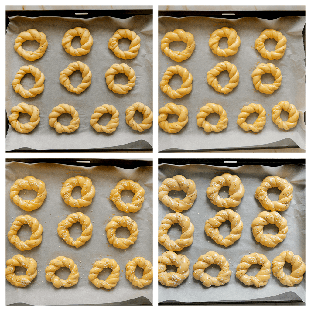 Meng het eigeel met de melk. Smeer het deeg goed in. Garneer met sesamzaad. Laat de vlechtbroodjes 30 minuten rijzen of totdat ze in omvang zijn verdubbeld.