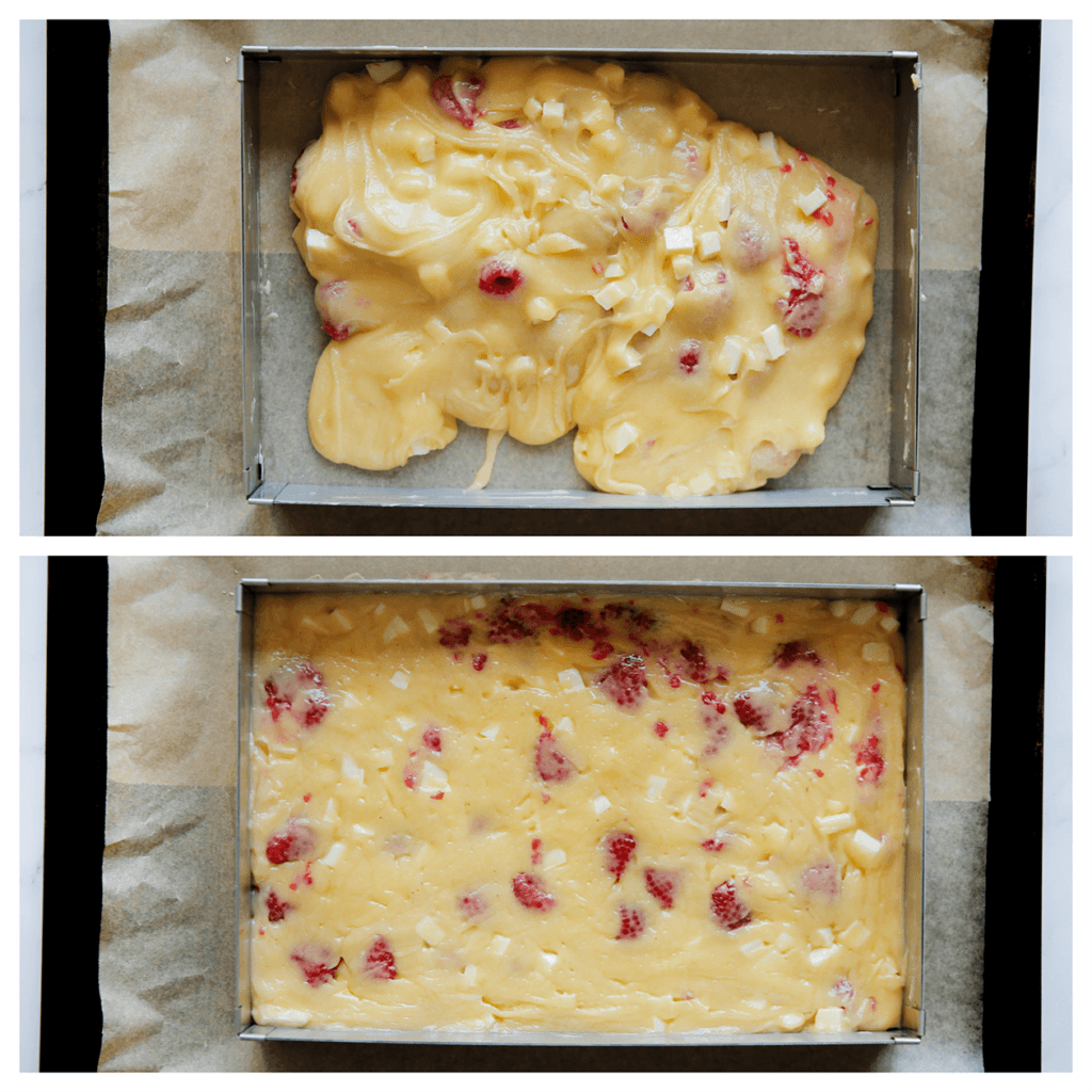 Vet de bakvorm goed in en voeg het beslag toe. Smeer deze gelijkmatig uit.