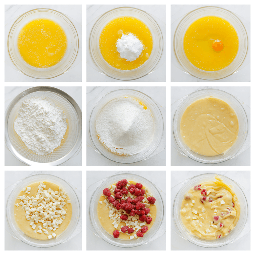 Doe de gesmolten roomboter, witte basterdsuiker, vanillesuiker en het zout in een diepe kom. Mix 1 minuut. Breek de eieren één voor één boven de kom en mix tot een gladde mengsel. Zeef de bloem en het bakpoeder boven de kom en mix tot een gladde massa. Voeg de witte chocolade en framboos toe. Spatel goed door het beslag.