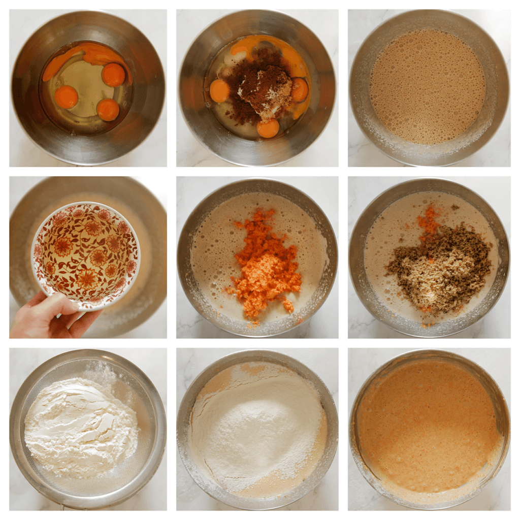 Breek de eieren boven een diepe kom. Voeg de witte basterdsuiker, bruine basterdsuiker, vanillesuiker en het zout toe. Mix 1 minuut. Voeg de zonnebloemolie, het wortelmengsel, de kaneelpoeder en fijngemalen walnoten toe. Mix goed. Zeef de bloem en bakpoeder boven de kom. Mix tot een gladde massa.