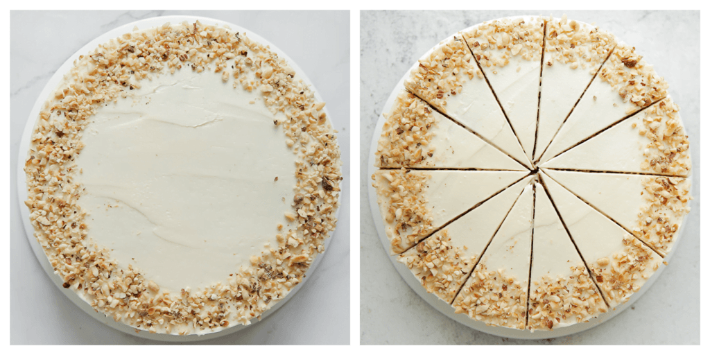 Garneer de worteltaart met gehakte walnoten en snijd in puntjes.