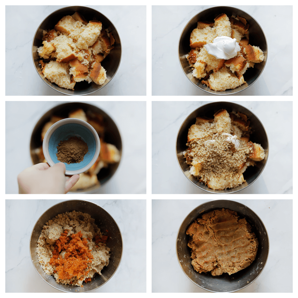 Snijd de boerencake in stukken en doe deze in een diepe kom. Voeg de mascarpone, kaneelpoeder en walnoten toe. Meng goed.