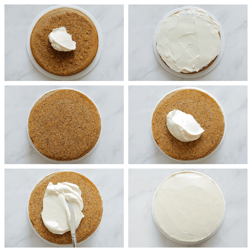 Neem een cake en smeer er een laagje van de room op. Leg de andere cake erop. Smeer de room uit over de hele cake. Maak egaal. Leg de worteltaart, afgedekt, 1 uur in de koelkast zodat de topping stevig wordt. Mag ook langer.