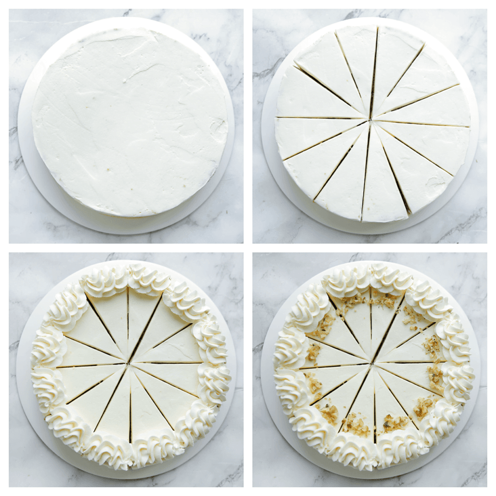 Snijd de worteltaart in mooie puntjes. Garneer met room en gehakte walnoten.